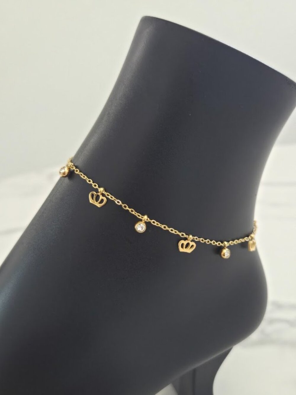 Gold Chain Anklet with Crown and Rhinestone Charms Delicate Beach Jewelry - Picture 7 of 13